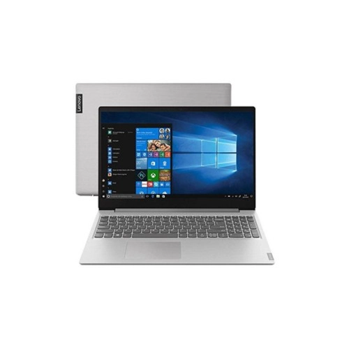 Vista frontal do notebook Lenovo Ideapad S145 na cor prata.