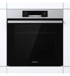 Forno elétrico de embutir Hisense preto inox visto de frente.