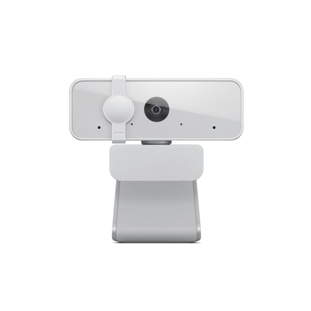 Webcam Lenovo 300 com visual frontal e acabamento em cinza nuvem.