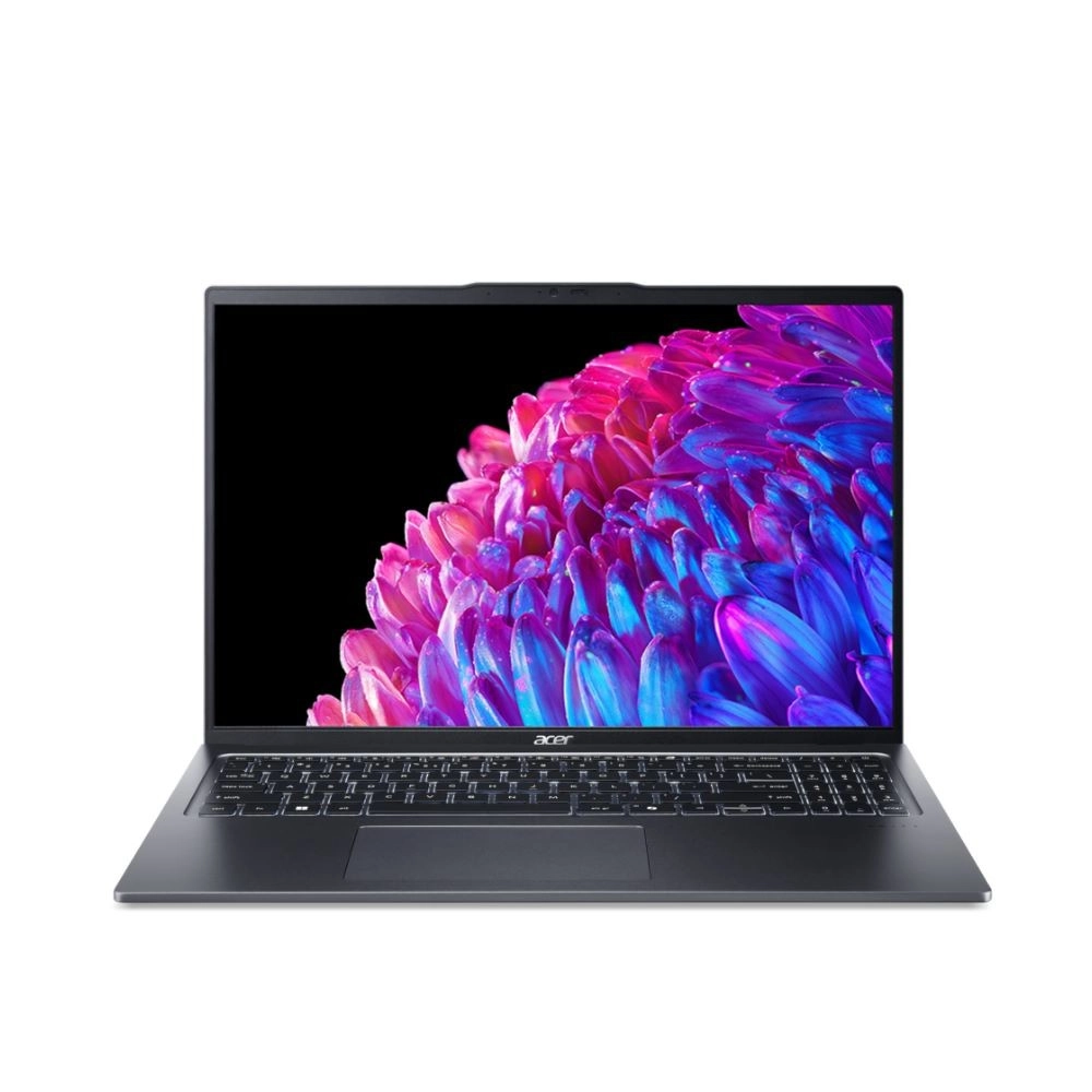 Notebook Acer Swift Go SFG16-72T visto de frente com tela ligada.