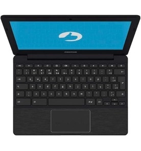 Chromebook Positivo CH1195 aberto em uma mesa, exibindo seu teclado em português do Brasil e sistema Chrome OS.