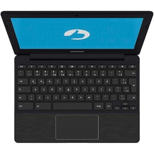 Chromebook Positivo CH1195 aberto em uma mesa, exibindo seu teclado em português do Brasil e sistema Chrome OS.