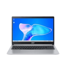 Notebook Acer Aspire 5 prata visto de frente.